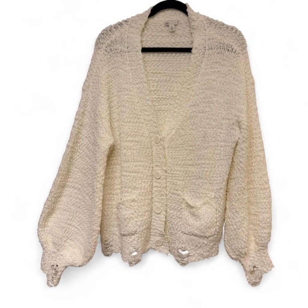 cATo Oversized Bell Sleeve Boho Knit Soft Grunge Distressed Hem Cardigan-Size XL